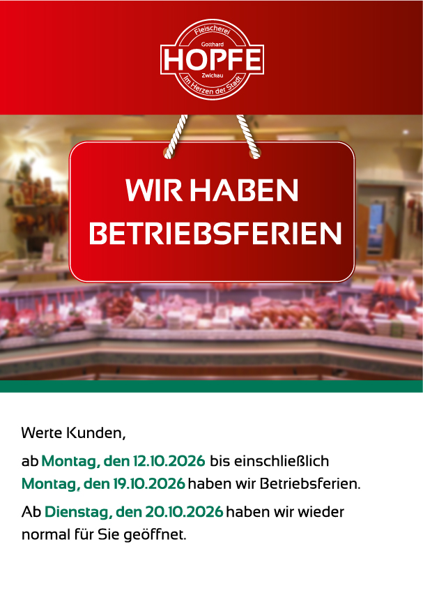 Betriebsferien vom 12.10.2026 bis 19.10.2026